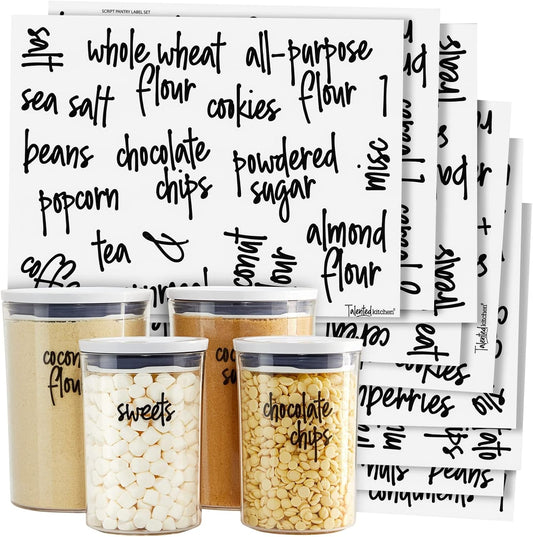 Talented Kitchen Pantry Labels for Food Containers 157 Piece - Preprinted Black Script Kitchen Food Organization Labels for Storage and Jars (Water-Resistant)