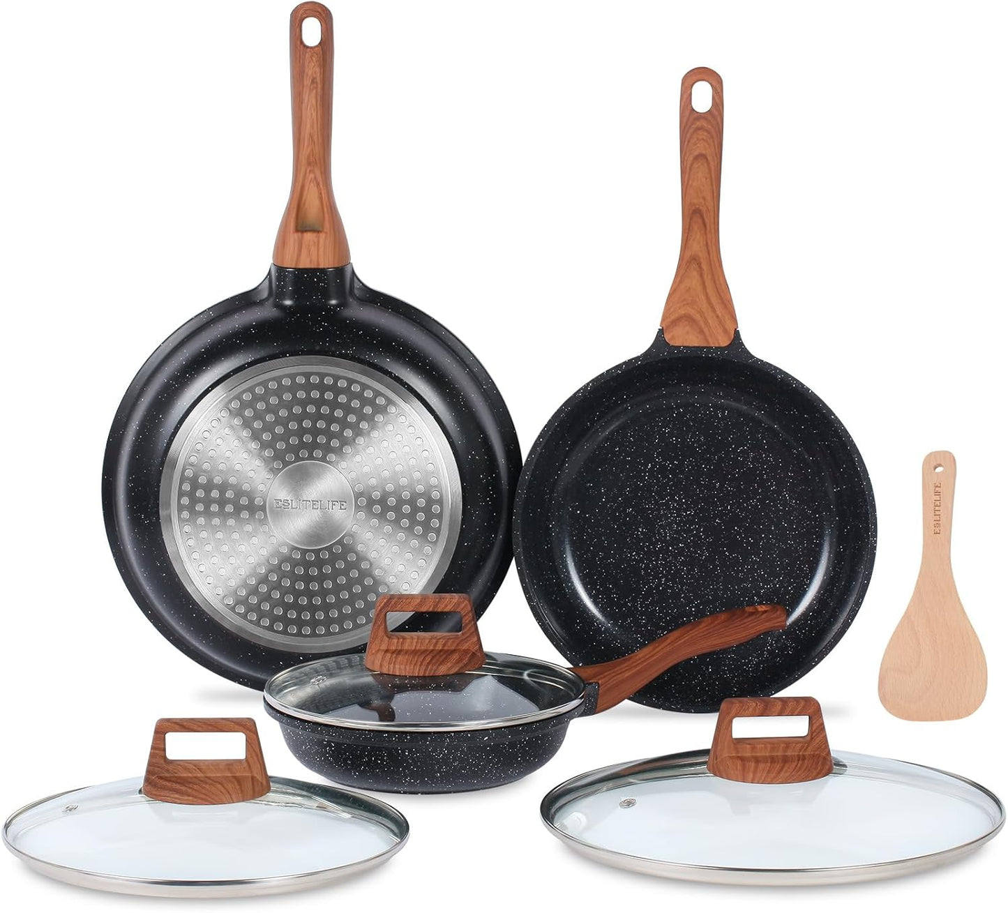 ESLITE LIFE Nonstick Ceramic Frying Pans Skillets Set with Lids, Non-Toxic Egg Omelette Kitchen Cooking Pans Compatible with All Stovetops (Gas, Electric & Induction), PTFE & PFOA Free (Black)