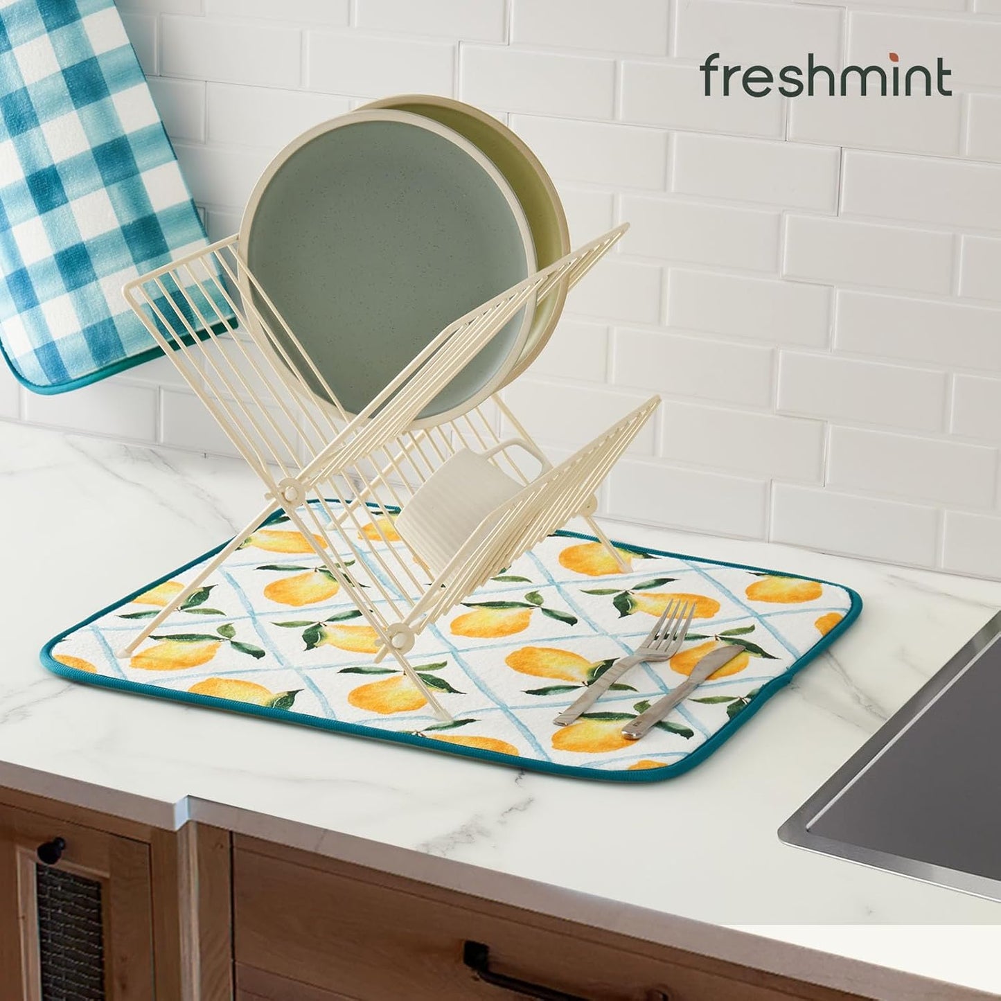 FRESHMINT Printed Dish Drying Mat for Kitchen Counter 2 Pack Absorbent Reversible Drying Mats Microfiber Kitchen Drying Mat, Extra Large Dishes Drainer Mats (18"x16", Lemon)