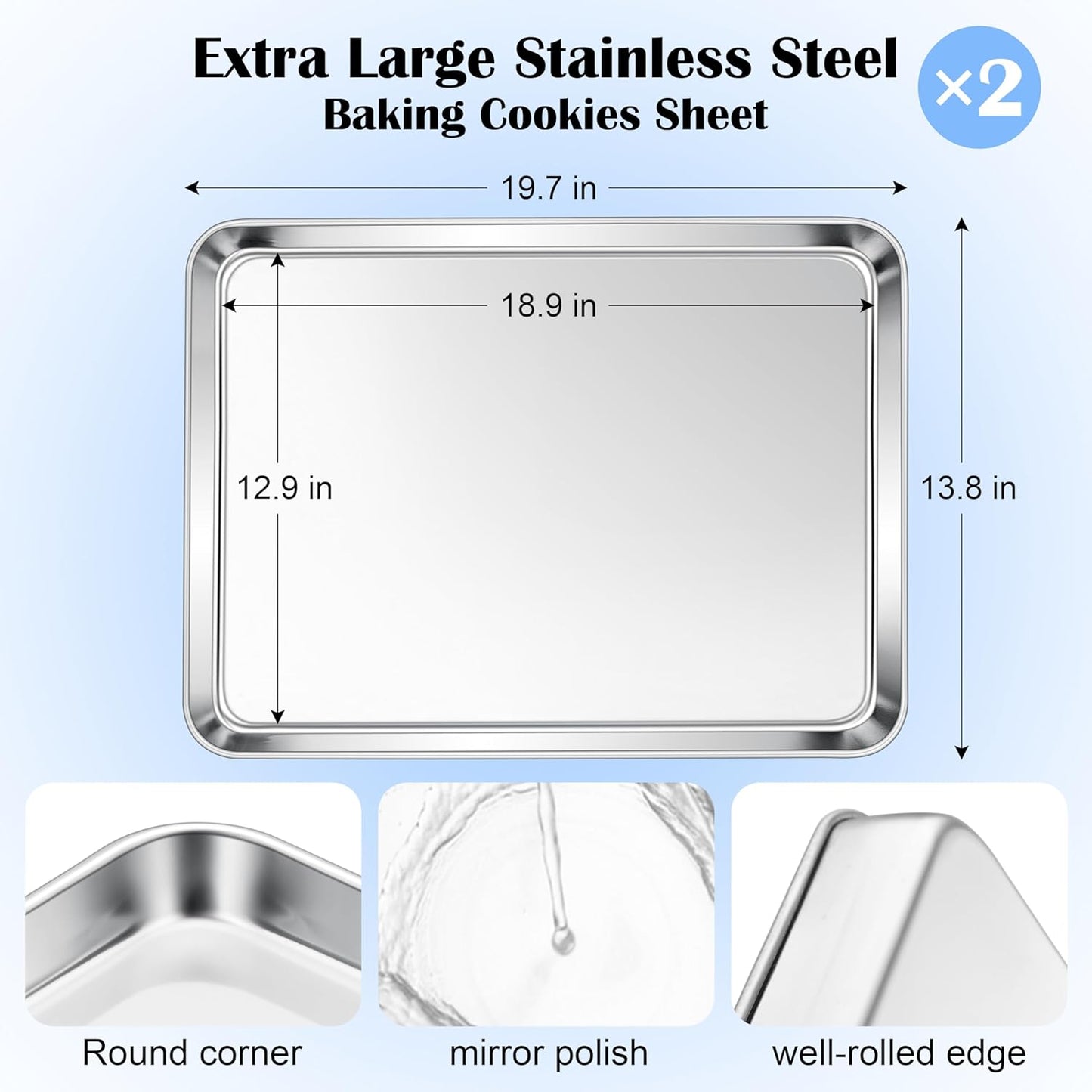 E-far Large Baking Sheets, 20”x14” Stainless Steel Cookie Sheet Pans for Oven, Non Toxic Big Metal Baking Trays for Cake Cookies, Healthy & Rust Free, Mirror Finish & Dishwasher Safe, 2 Pack