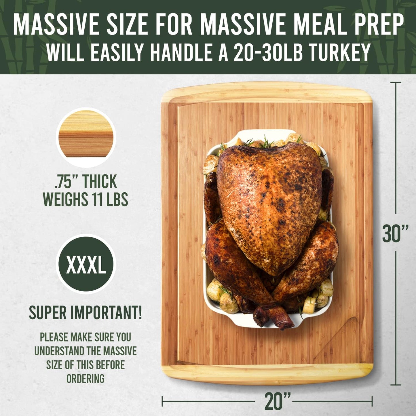 FSC® Certified Organic 30 x 20 Inch Extra Large Bamboo Cutting Board with Lifetime Replacements – 3XL Butcher Block, Oversized Carving & Charcuterie Board, Stovetop Cover for Kitchen Counter Space