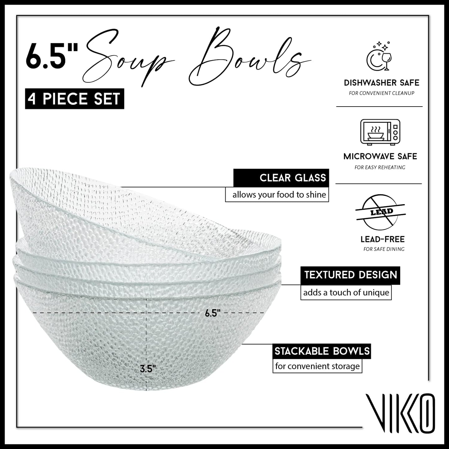 Vikko Elegant Textured Glass Salad Bowls, Set of 4, 6.5 Inch, Stackable, Dishwasher Safe