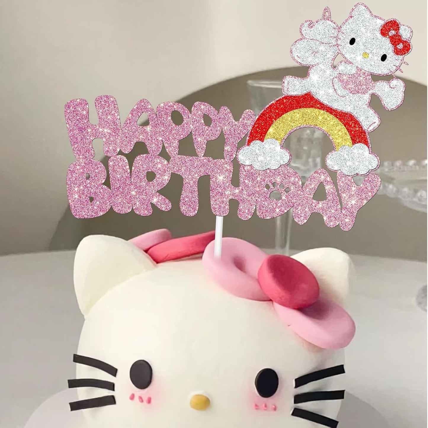 Cute Cat Cake Decorations, Cake Topper, Cartoon Birthday Party Decorations (Pink1)
