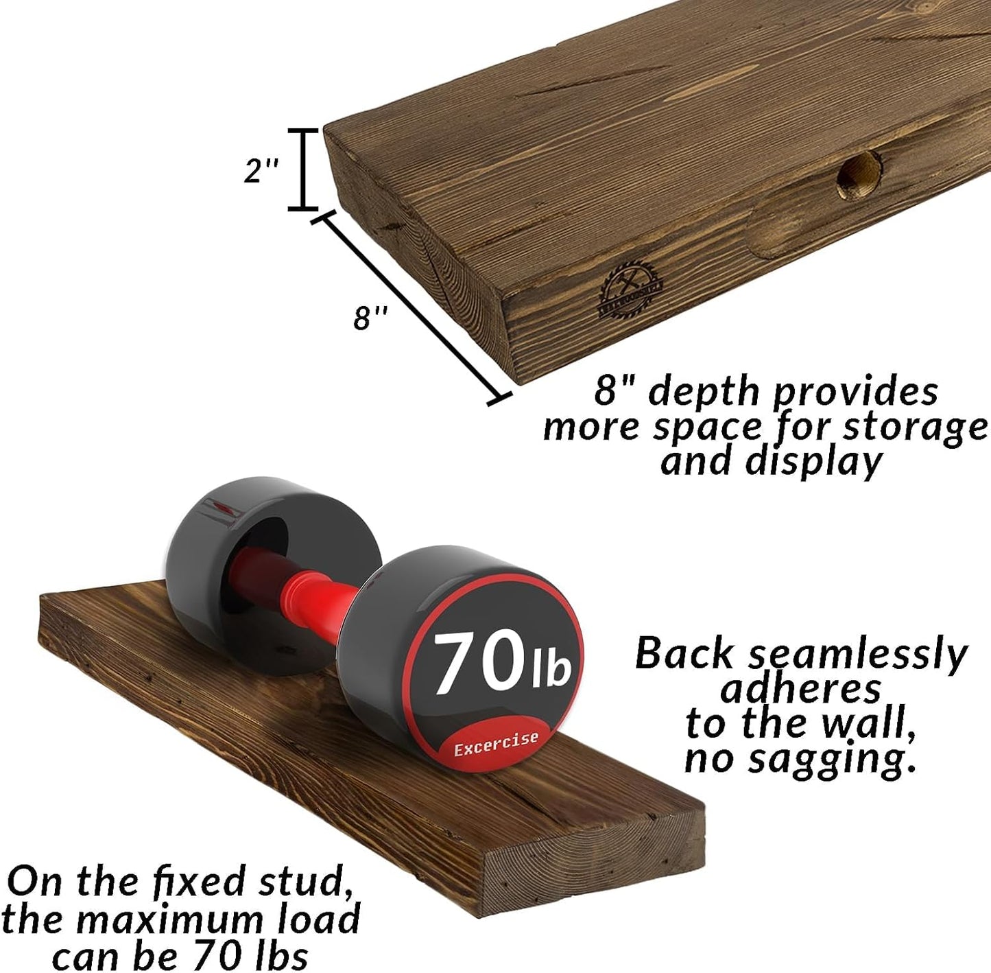 Floating Shelves 72 inch Long 8 "deep Set of 2, Heavy Duty Wood Wall Mounted Shelves for Bathroom Living Room Kitchen,Book Shelves with Thickened Hidden Bracket-Distressed Walnut