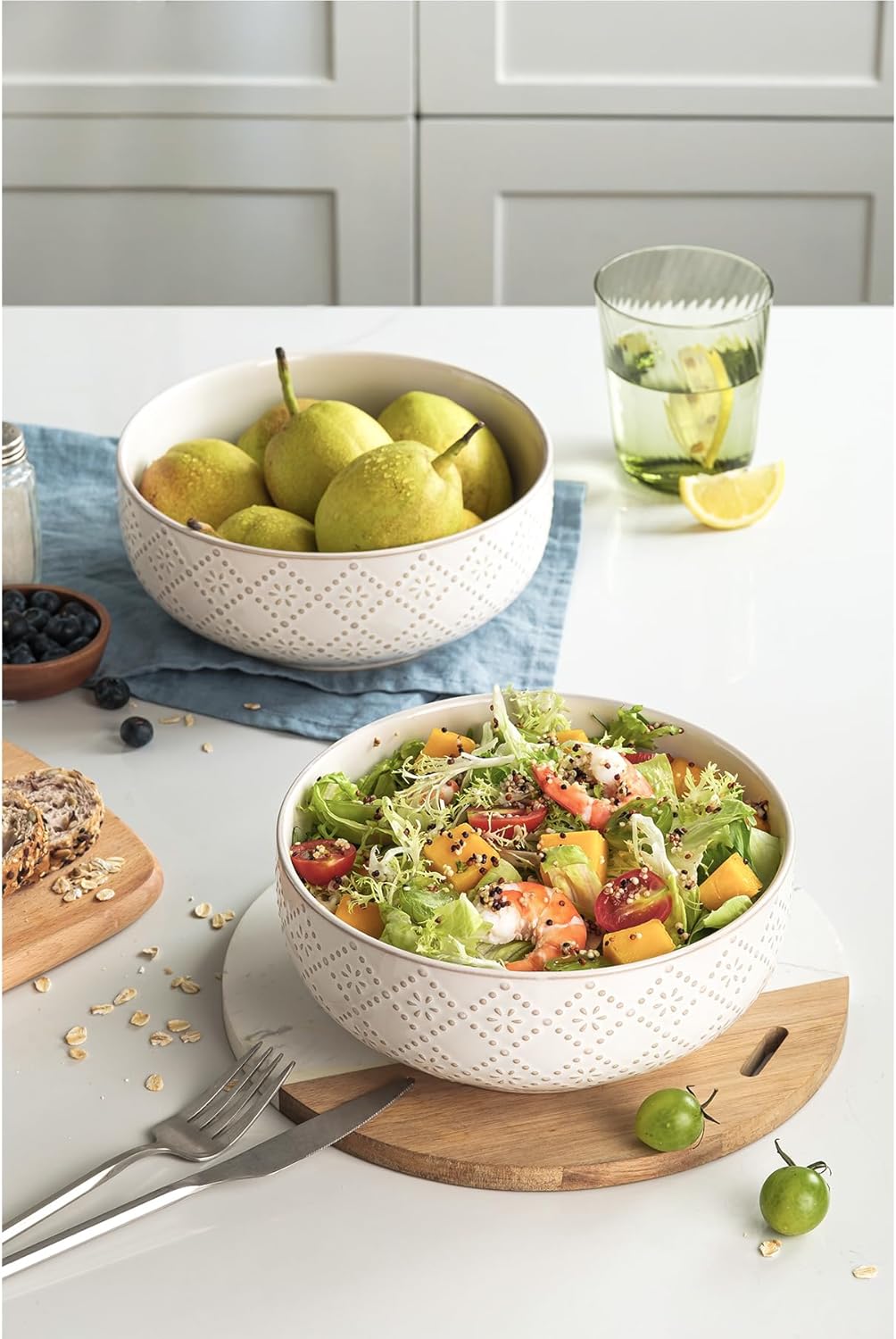 Large Serving Bowls, 8 inch 60 OZ Salad Bowls Set of 2, Ceramic Bowl Set for Salad，Ramen, Soup, Cereal and Entertaining, Farmhouse Decorative, Dishwasher & Microwave Safe, Off-White