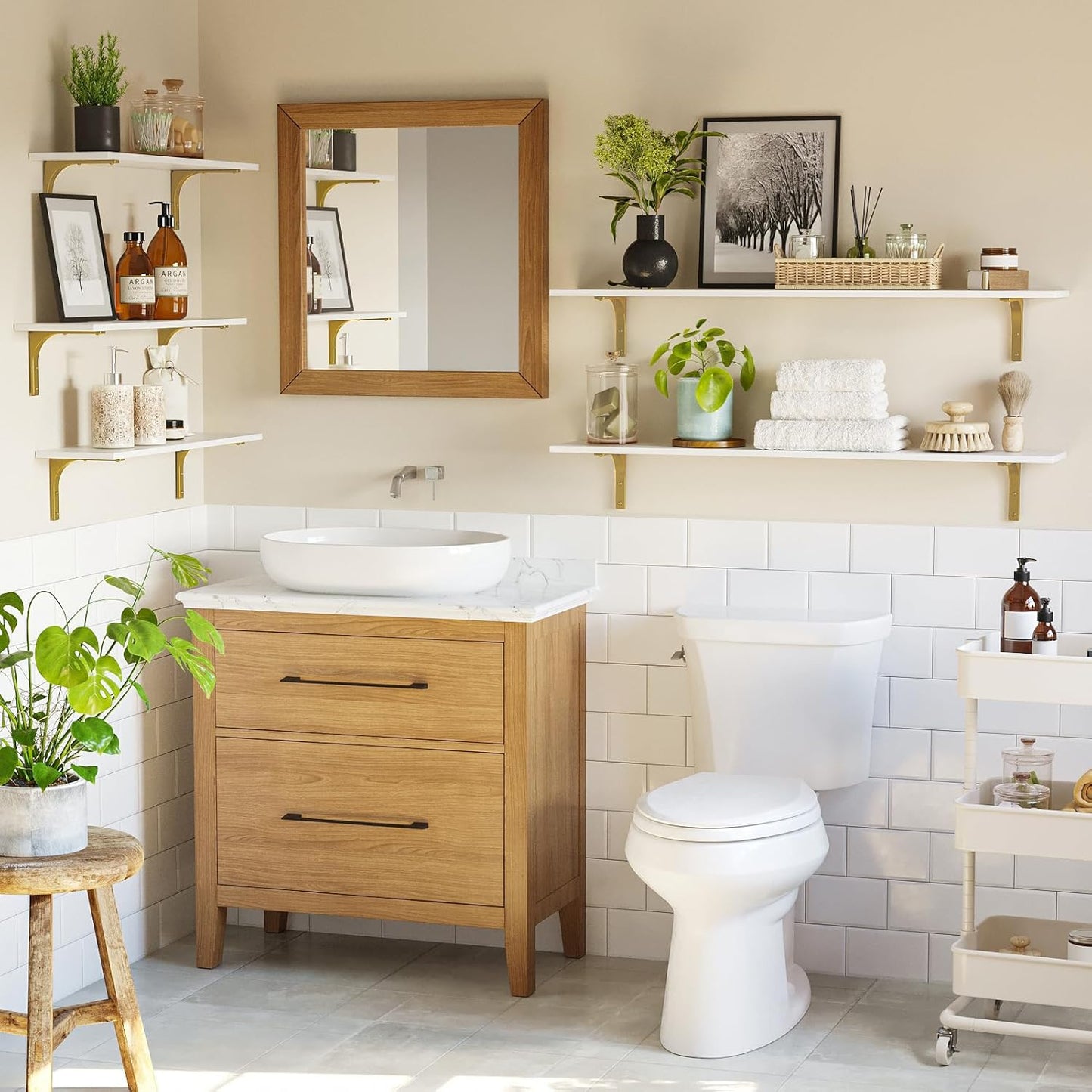 DINZI LVJ Long Wall Shelves, 31.5" Wall Mounted Shelves Set of 4, Large Floating Shelves with Metal Brackets, for Living Room, Bathroom, Bedroom, Kitchen, White and Gold