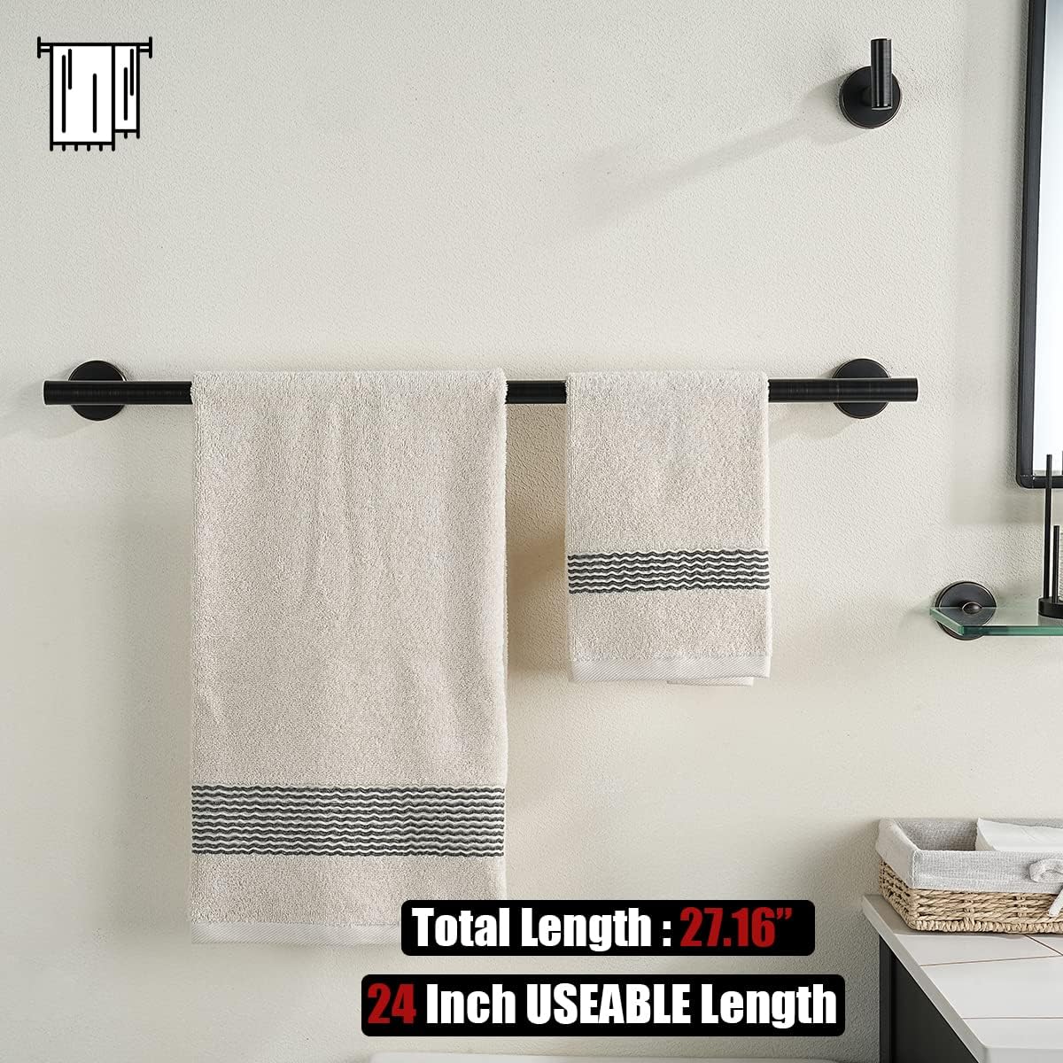 JQK Oil Rubbed Bronze Towel Bar, 24 Inch 304 Stainless Steel Thicken 0.8mm Towel Rack Bathroom, Towel Holder Wall Mount, Total Length 27 Inch, TB110L24-ORB