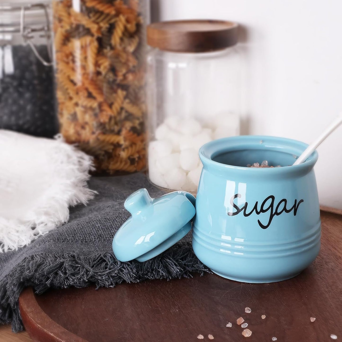 HAOTOP 12oz Sugar Bowl with Lid and Spoon,Ceramic Sugar Jar Sugar Dispenser Sugar Container Coffee Bar Accessories, Kitchen Countertop Canisters,Turquoise