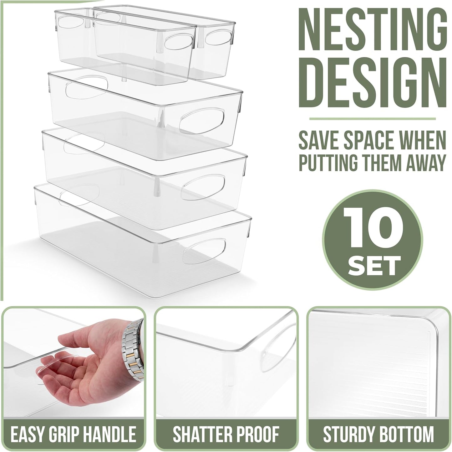 Sorbus Clear Plastic Organizing Bins 10-Pack, Clear Bins, Refrigerator & Pantry Organizer