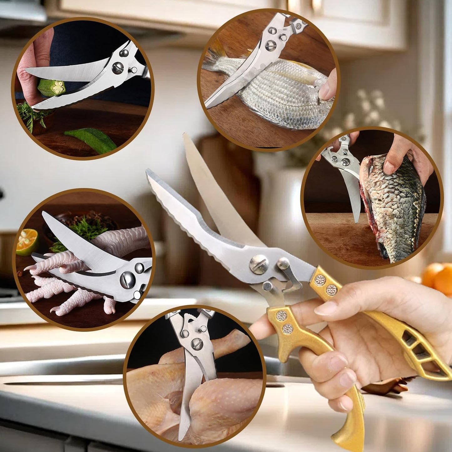 ANDONG Poultry Shears Heavy Duty Kitchen Shears with Serrated Edge, Kitchen Scissors spring loaded, Chicken Shears Heavy Duty Professional, Gold