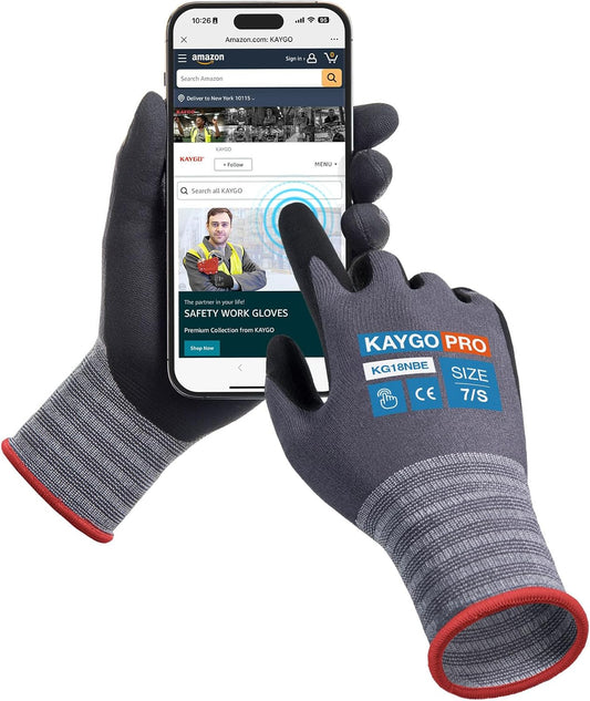 KAYGO Safety Work Gloves MicroFoam Nitrile Coated, 3 Pairs KG18NB,Seamless Knit Nylon Glove with full fingers Touchscreen, Ideal for Automotive,Warehouse,Construction (Small,Gray)