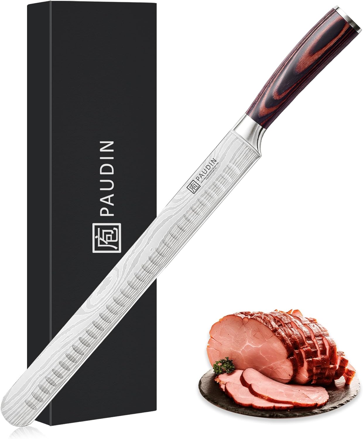 PAUDIN Brisket Knife, 12 Inch Carving Knife Stainless Steel Brisket Slicing Knifes with Granton Edge for Meat Cutting, Roasts, BBQ, Turkey
