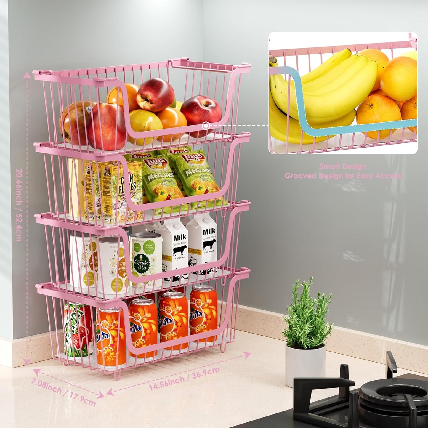 4 Pcs Stackable Wire Baskets for Pantry Organizers and Storage,Vegetable Fruit Basket for Countertop,Kitchen Storage Metal Baskets,Produce Potato Onion Storage Bin,pink