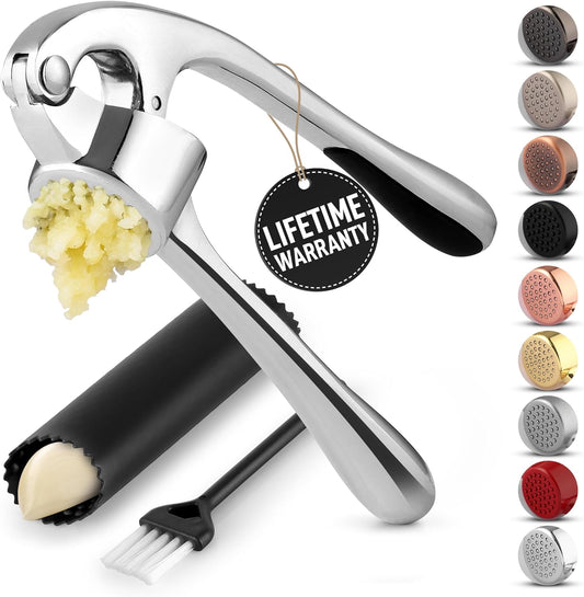 Zulay Kitchen Premium Garlic Press Set - Rust Proof & Dishwasher Safe Professional Garlic Mincer Tool - Easy-Squeeze, Easy-Clean with Soft, Ergonomic Handle - Silicone Garlic Peeler & Brush (Chrome)