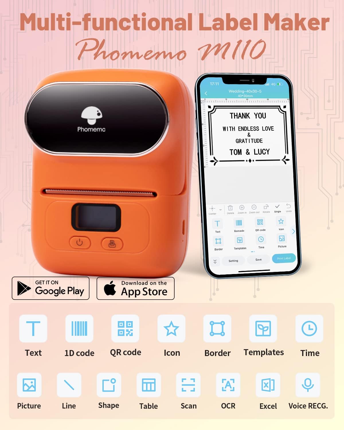 Phomemo M110 Label Maker Machine-Barcode Label Printer, Portable Sticker Maker for Price Tag, Logo,Address, Mailing, Home, Office & Small Business, Compatible with Phones&PC Orange