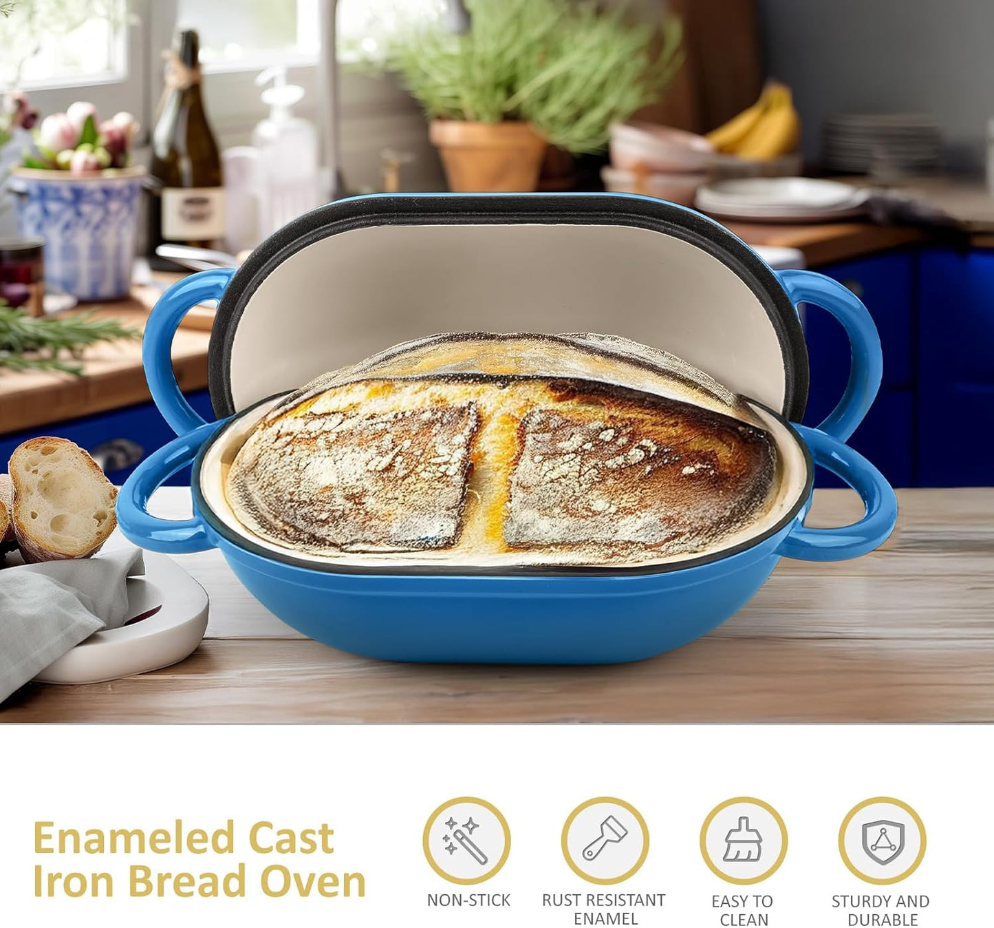 Dutch Oven for Bread Baking – Premium Cast Iron Pot with Lid – Perfect for Sourdough, Artisan Loaves & No-Knead Bread – 2 QT / 1.9L (Enameled, Round, Oven & Stovetop Safe), Blue