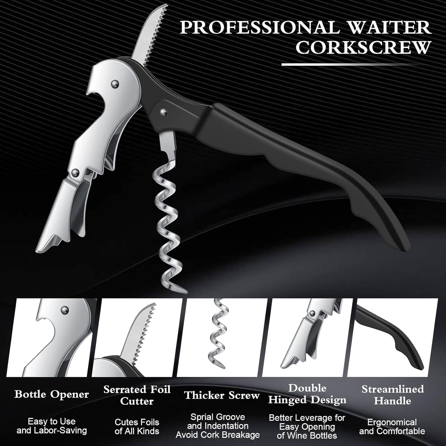 Waiter Corkscrew Wine Openers Heavy Duty Hinges Wine Key Bottle Opener All in One Double Hinged Waiter's Corkscrew with Foil Cutter Wine Tools for Bartenders Servers Sommelier (Black, 100 Pack)