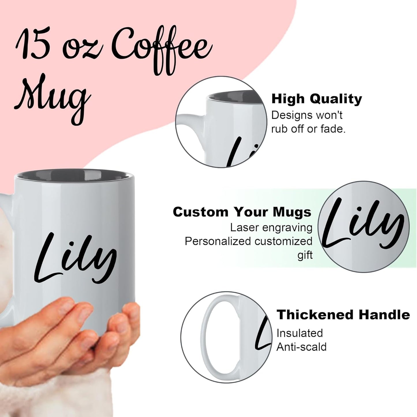 Personalized Coffee Mug - 15oz Engraved Mug with Custom Text & Name, Initials Monogram Tea Cup Gifts for Men & Women, Birthdays, Mother's Day, Anniversary, Customized Coffee Cup, Tazas Personalizadas