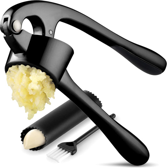 Zulay Kitchen Large Premium Garlic Press Set - Bigger Bowl for Bigger Garlic - Rust Proof & Dishwasher Safe Garlic Mincer Tool - Easy-Squeeze, Easy-Clean Silicone Garlic Peeler & Brush (Black)