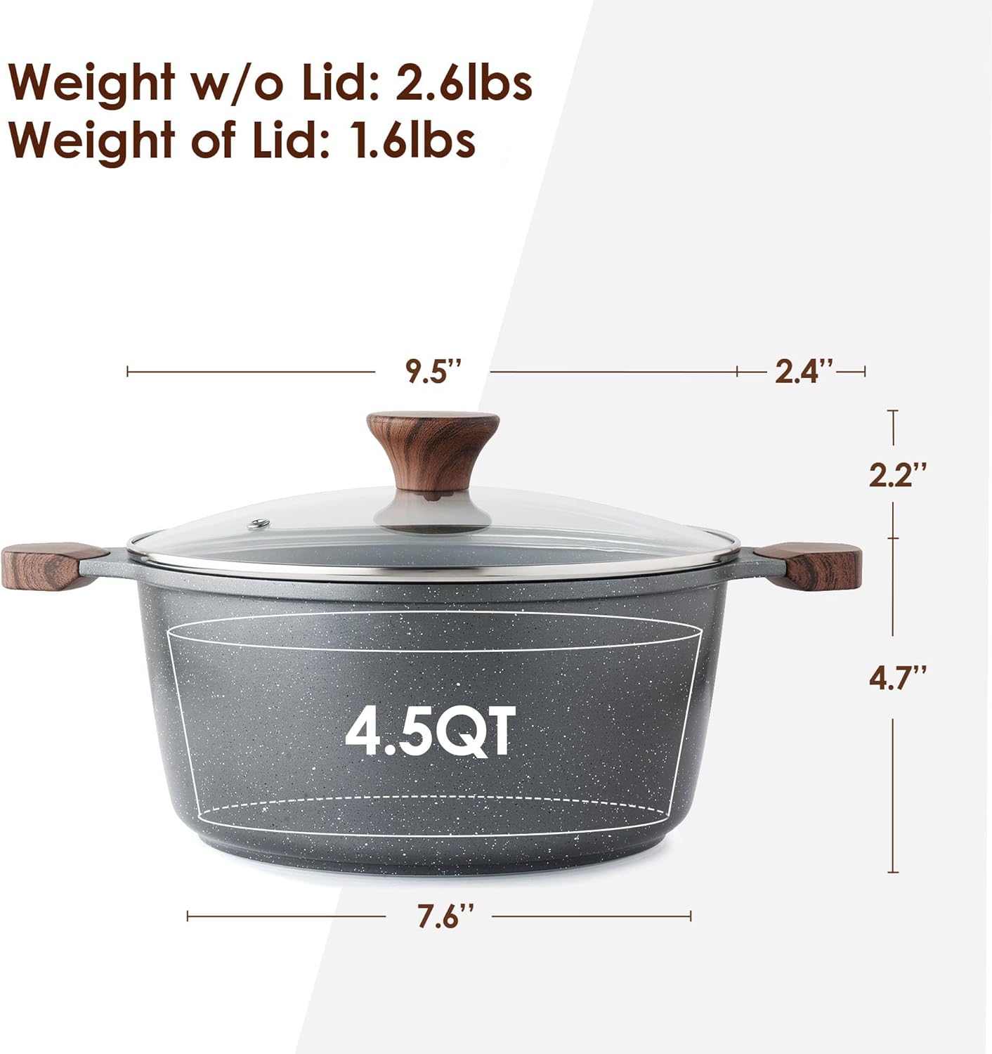 SENSARTE Nonstick Stock Pot with Lid, 4.5 Quart Induction Cooking Pot with Tempered Glass Lid, Stew Pot with Swiss Nonstick Granite Coating, PFOA PFOS APEO Free, Gray