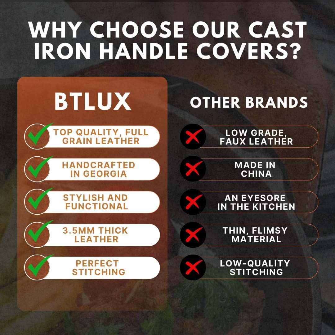 Proudly Made in Georgia from Full Grain Leather - Leather Cast Iron Handle Cover, Set of 2 - Heat Resistant Cast Iron Handle Sleeve for Skillets - Pot Holder for Hot Frying Pans, Pots