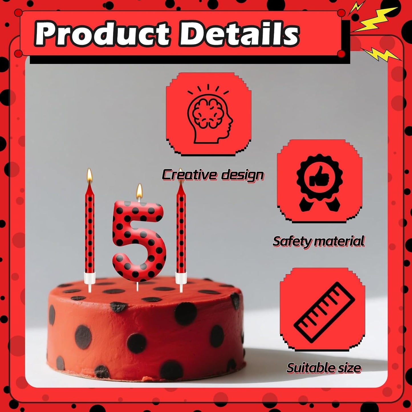 13PCS Ladybug Theme Birthday Candles Set - Red & Black Polka Dot Decorative Candles for Kids Ladybug Themed Parties, Baby Showers, Birthday Cakes, and Ladybird Inspired Celebrations(Number 5)