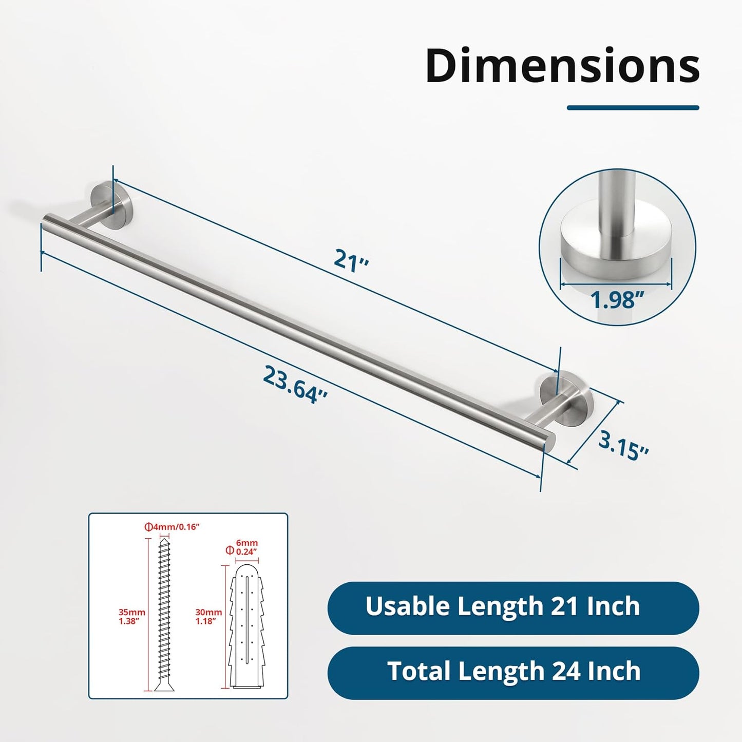 SAYAYO Brushed Nickel Towel Bar for Bathroom, 24 Inch Towel Rack Towel Rod Towel Holder Wall Mount SUS304 Stainless Steel (21 Inch Hanging Length)
