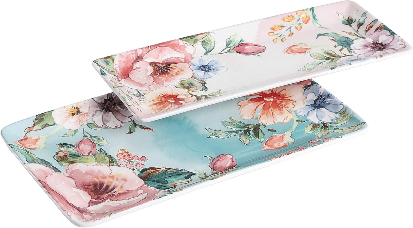 Bico Margret's Garden Ceramic 14 inch Rectangular Serving Platter, Set of 2, for Serving Salad, Pasta, Cheese, Ham, Appetizer, Microwave & Dishwasher Safe