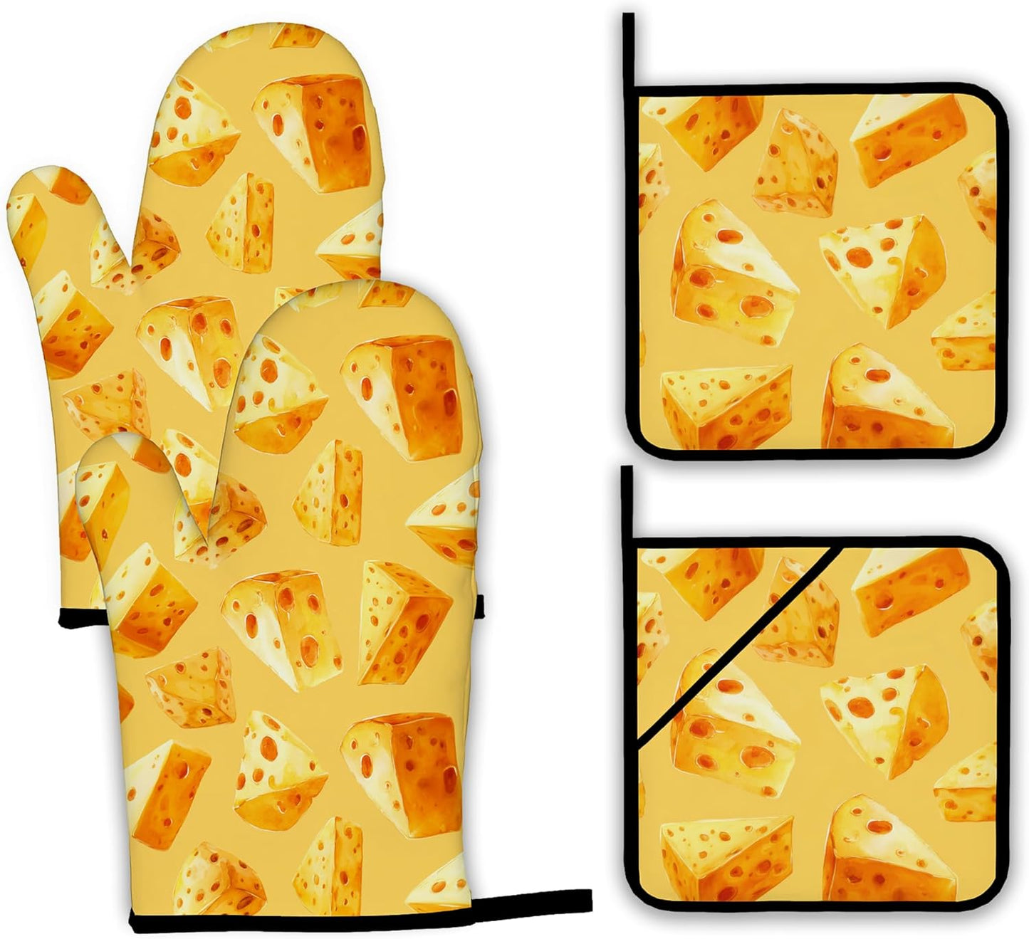 Cute Cheese Oven Mitts and Pot Holders Set,Kitchen Oven Gloves and Pot Holder with Heat Resistant Non Slip for Cooking Baking Grilling(4 Piece Set)