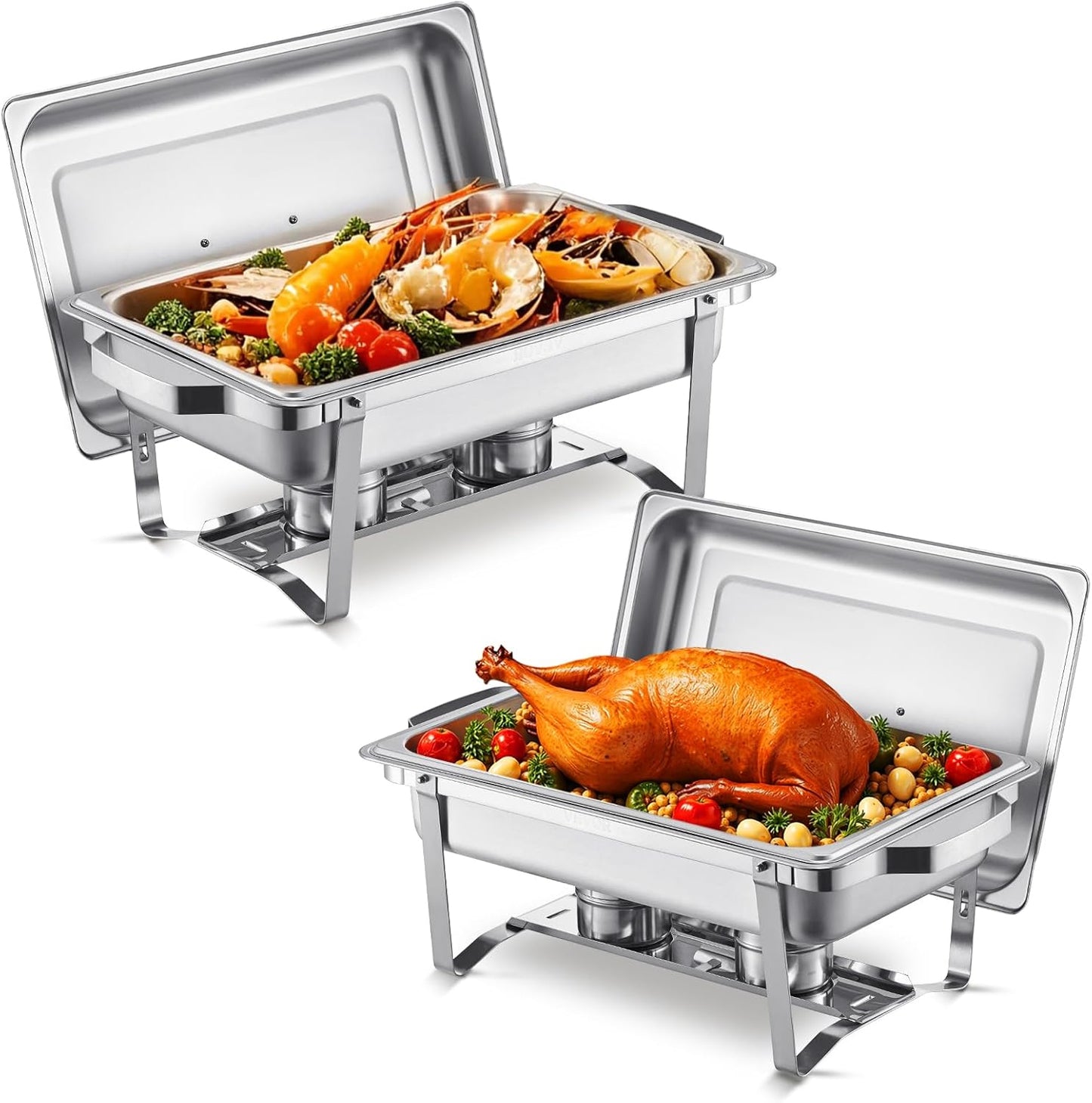 VEVOR Chafing Dish Buffet Set, 8 Qt 2 Pack, Stainless Steel Chafer with 2 Full Size Pans, Rectangle Catering Warmer Server with Glass Lid Water Pan Folding Stand Fuel Holder, for Wedding Party Banquet