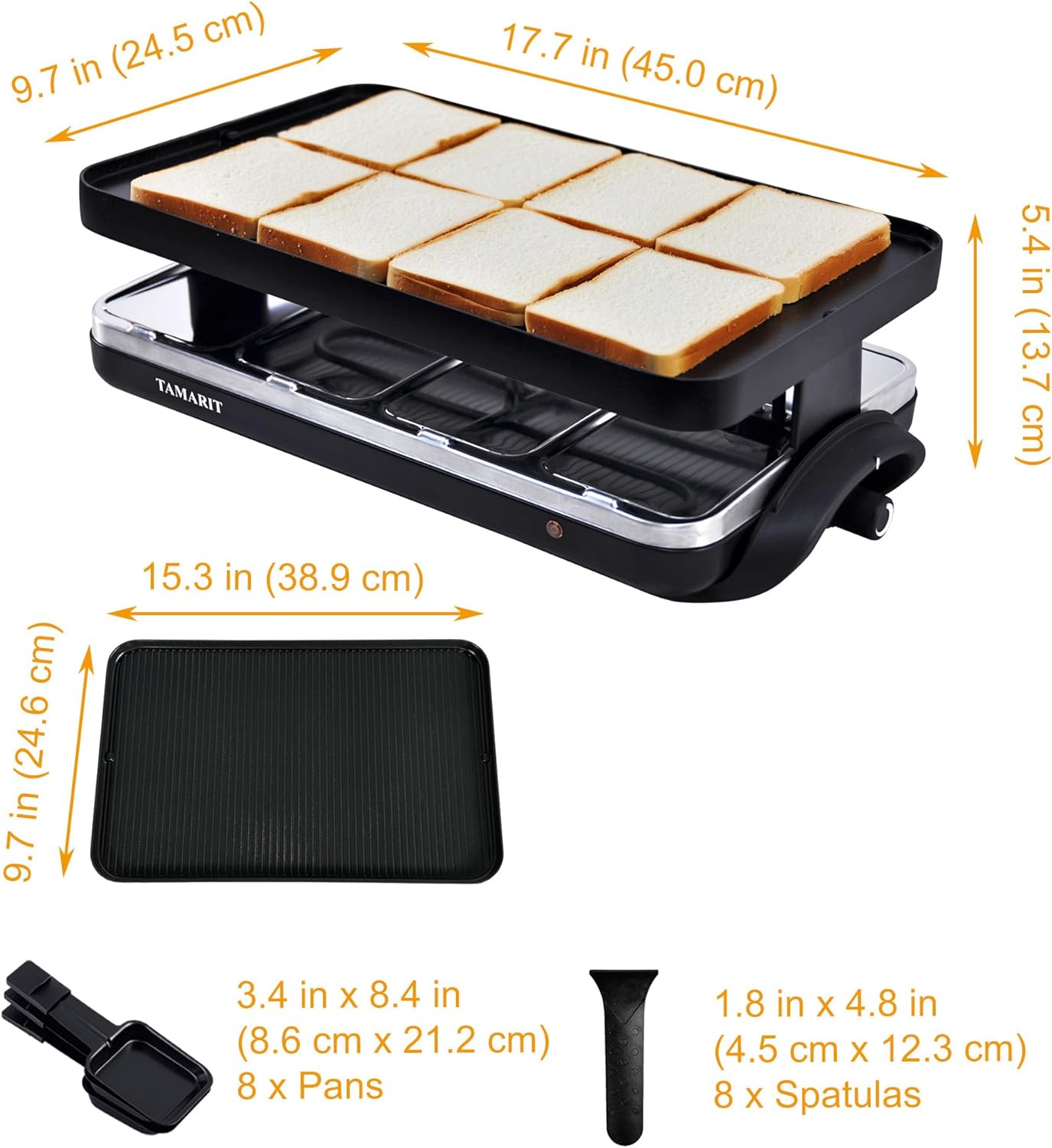 TAMARIT Classic 8 Person Raclette Grill 1500W Electric Tabletop Grill with Reversible Plate, 8 Non-Stick Raclette Trays & Spatulas Indoor Portable Korean BBQ Barbecue Grill, Party Grill Black