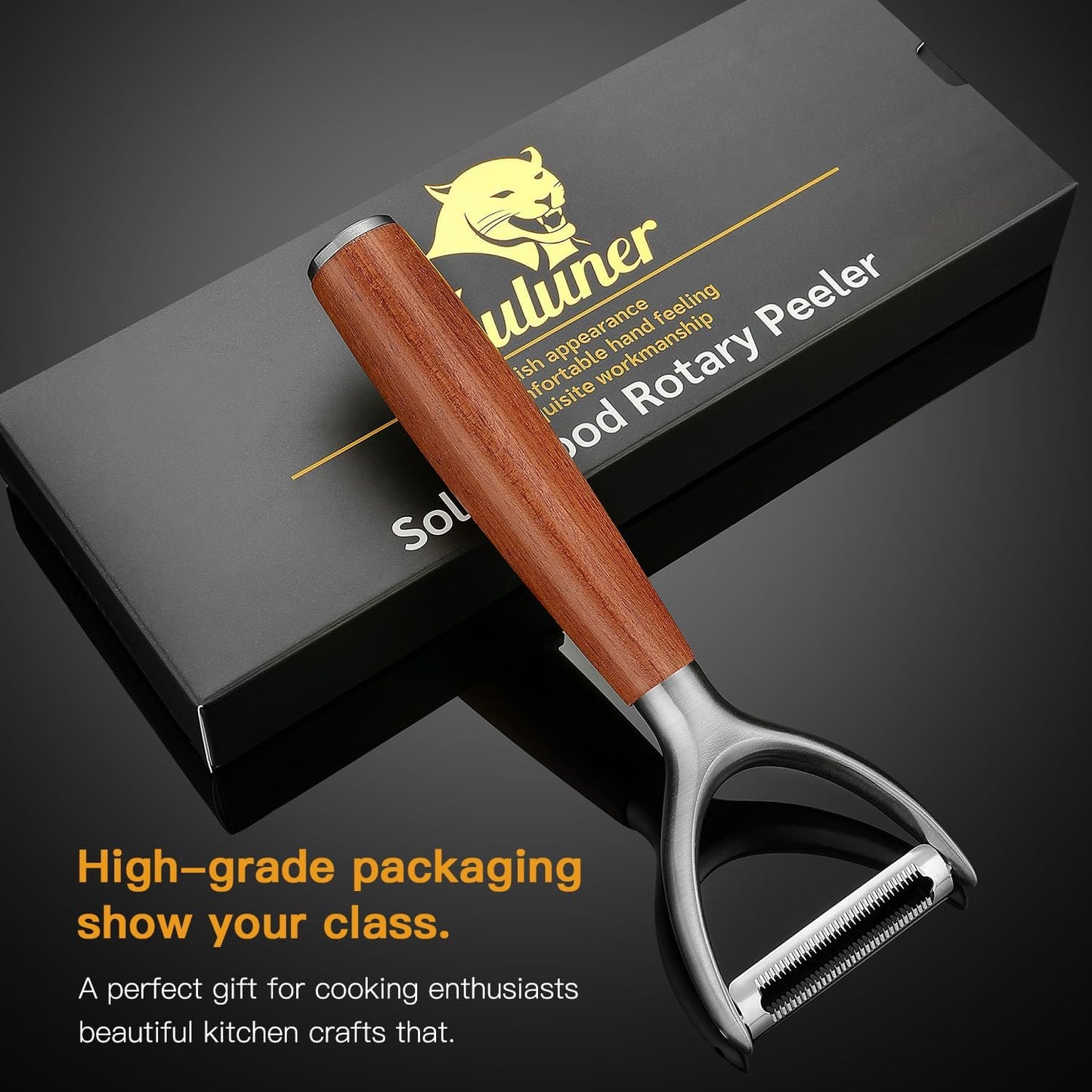 Premium high-end rosewood handle and 304 stainless steel serrated blade - ultra-sharp KULUNER Y-shaped rotary peeler for potatoes, fruits and vegetables, ergonomically designed for easy peeling