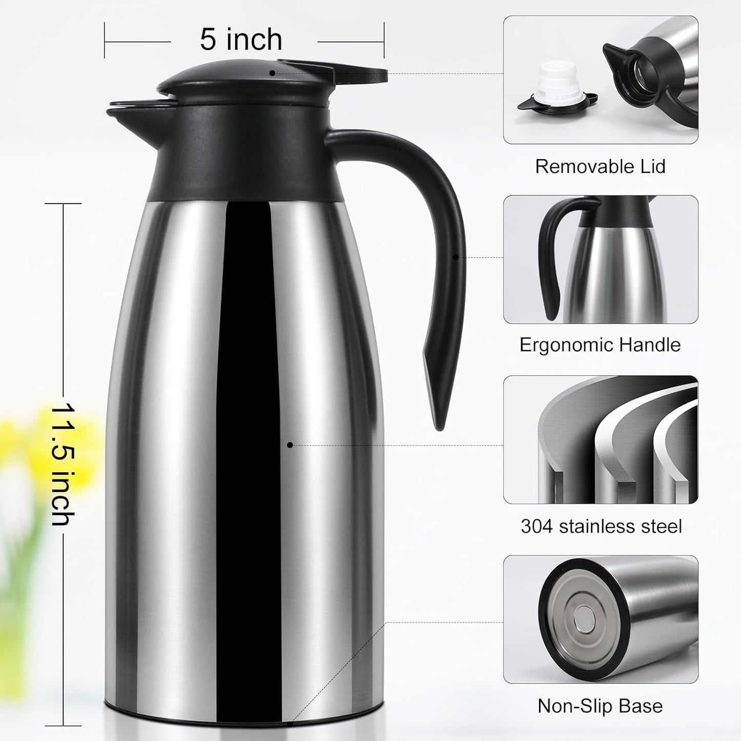 70 oz Thermal Coffee Carafe for keeping hot, Updated Carafe for hot liquid, Airpot Stainless Steel Thermos Urn Beverage Dispenser Vacuum Thermal Pot for Coffee, Hot Water,Keep Hot 12 Hour(silver)