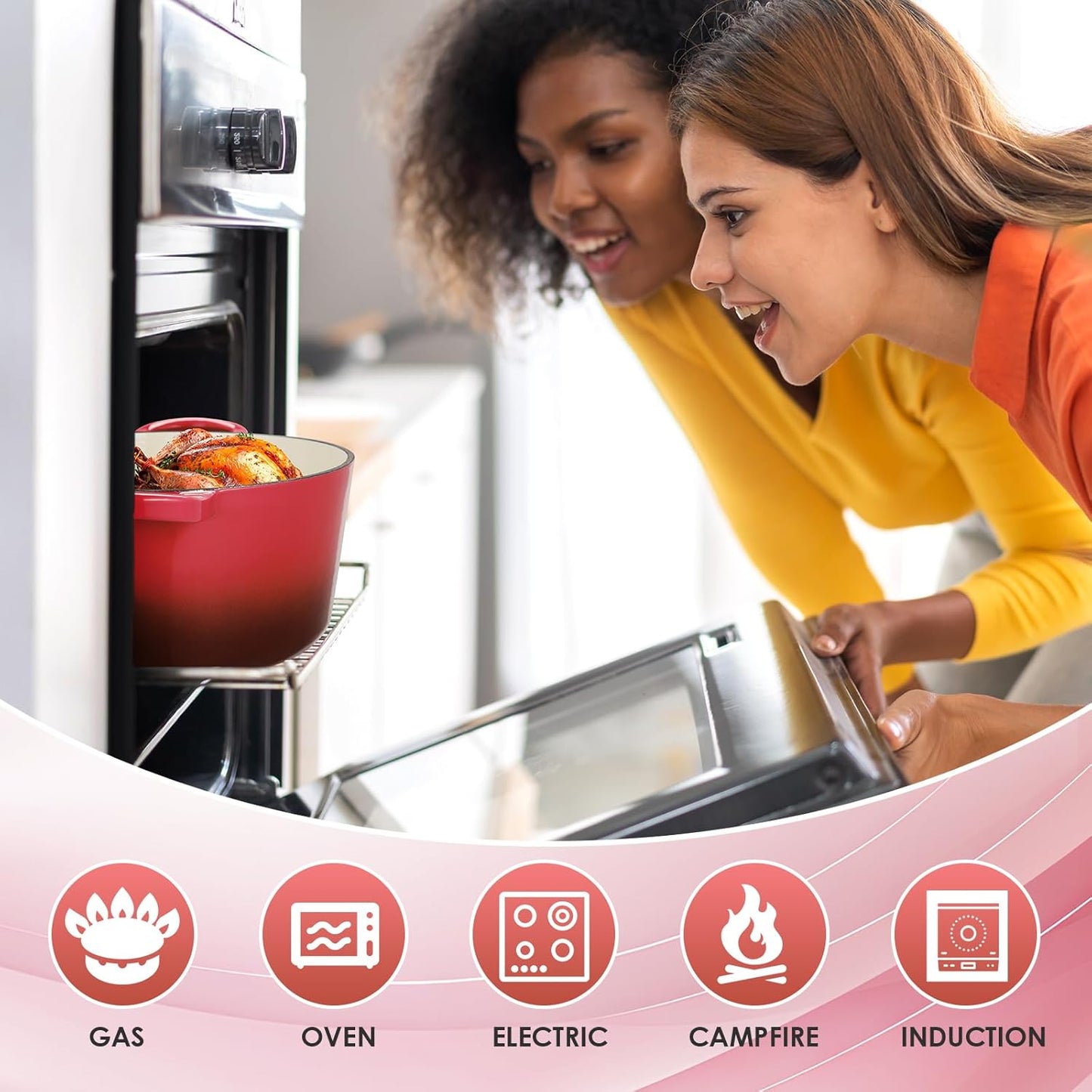 LIFERUN 6 Qt Enameled Cast Iron Dutch Oven Pot with Lid，Oven Safe up to 500° F, Non-Stick Dutch Oven with Dual Handles for Bread Baking, Fry Foods, Braising, Stews, Roasting (Red)