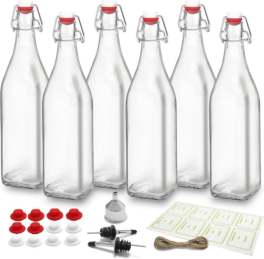 6 Pack [1 Liter / 33 fl. oz.] Square Swing Top Glass Bottles–Airtight Flip Top Brewing Bottles for Kombucha, Beer, Wine, Kefir, Soda, Liquor–Includes Funnel, 2 Pourers, 6 Seals, 8 Labels & Jute Twine