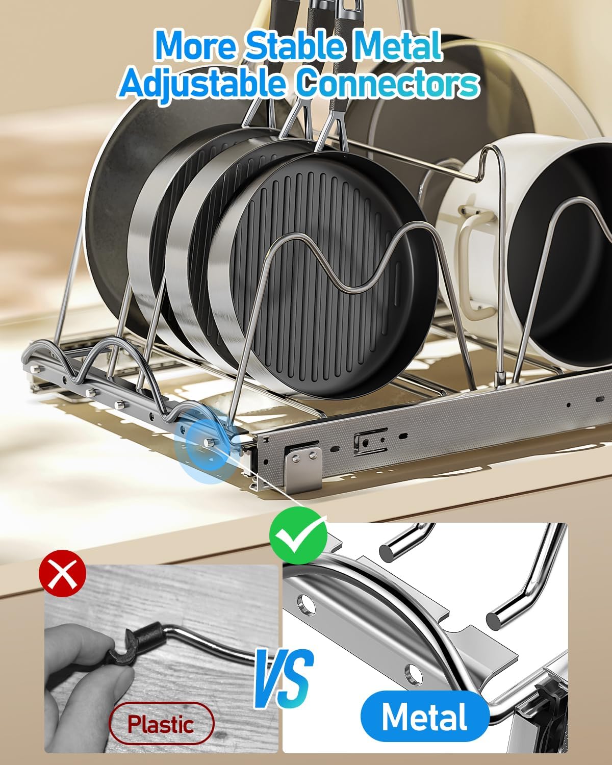 Pull Out Pots and Pans Organizer Under Cabinet, Slide Out Pot Lid Holder, Baking Tray and Cookie Sheet Storage, Adjustable Width, Fully Extendable Kitchen Cabinet Organizers(11’’W×17’’D)