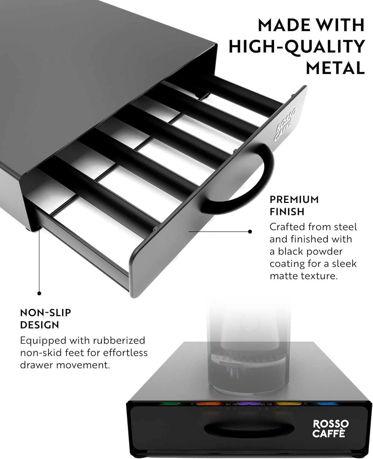 ROSSO CAFFÈ - Coffee Capsule Drawer Organizer, Holds Up to 45 capsules, Space-Saving Storage, Sleek Countertop Design