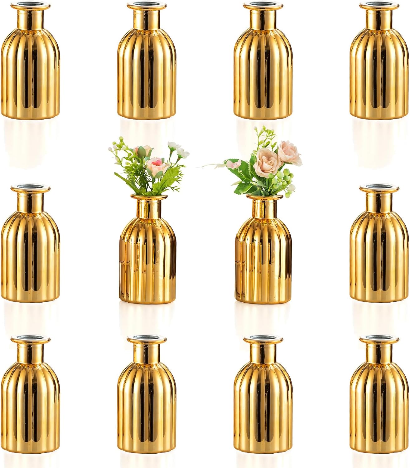NUPTIO Bud Vases Small Gold: 12 Pcs Glass Vase Set in Bulk for Flowers - Mini Vintage Flower Bottle Single Assorted Vases for Wedding Table Centerpieces