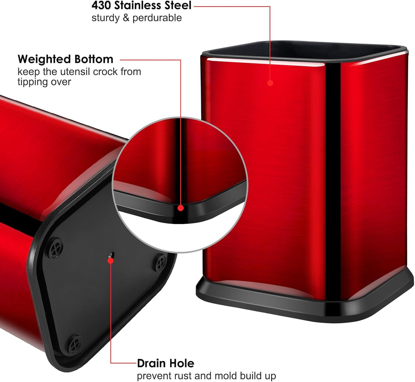 RedCall Stainless Steel Kitchen Utensil Holder for Countertop, Spoon Spatula Organizer,Modern Rectangular Large Cooking Utensil Caddy Counter,Utensil Crock (Stainless Steel Red)