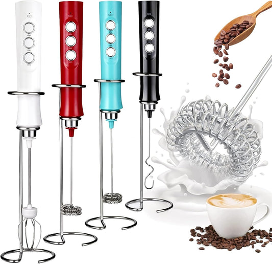 WanderLand Rechargeable Handheld Milk Frother Wand for Coffee,Drink Mixer with Stainless 2 Whisks, Electric Whisk 3 Speeds Adjustable, for Latte, Cappuccino, Hot Chocolate （Black）