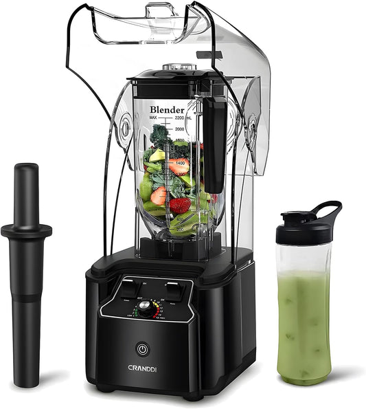 CRANDDI Quiet Commercial Blender with Soundproof Shield, 2200 Watt Professional Blenders for Kitchen with 80oz Jar and Self-Cleaning, High-Speed Blenders K90 Black