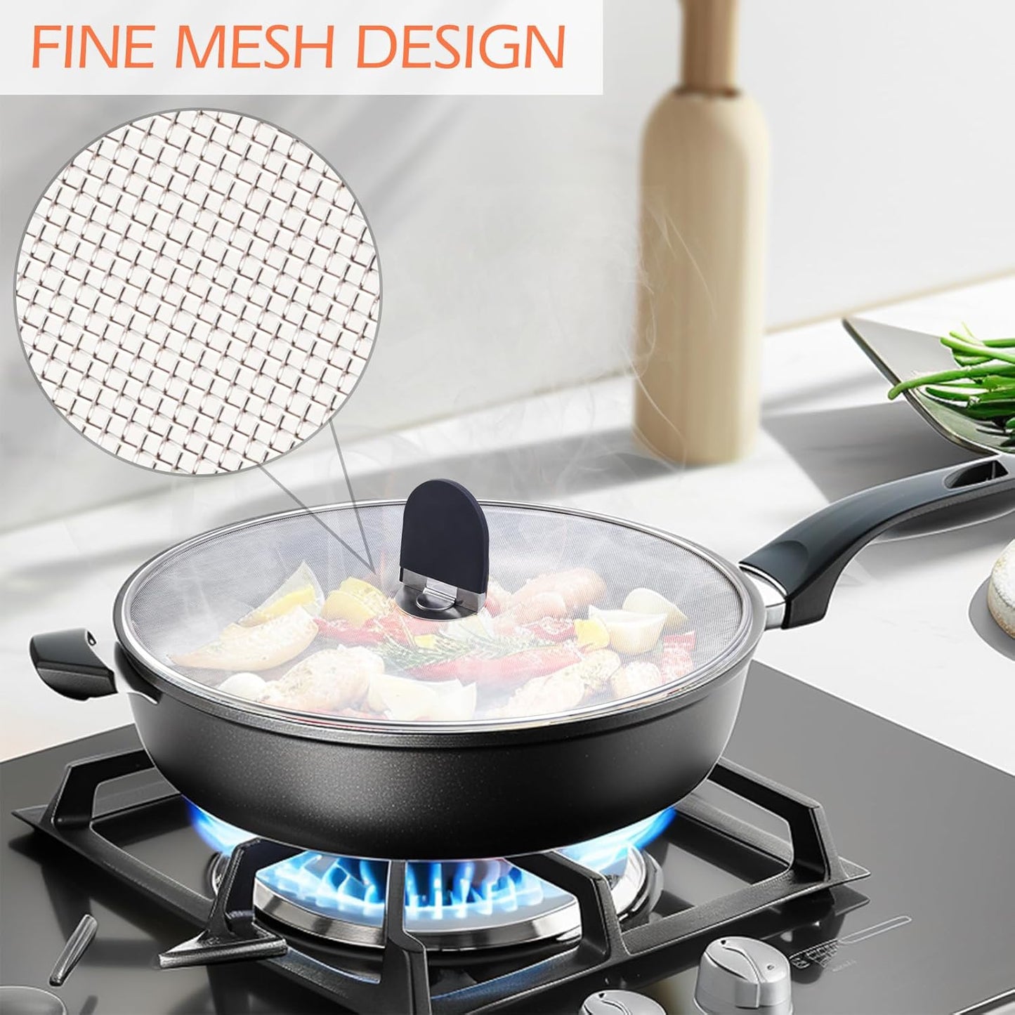 Snowyee Grease Splatter Guard, 3PCS Splatter Screen with Silicone Heat Resistant Handle and Stainless Steel Fine Mesh Design for Safe Indoor and Outdoor Cooking (13/11.5/10 inch and 33/29/25cm)