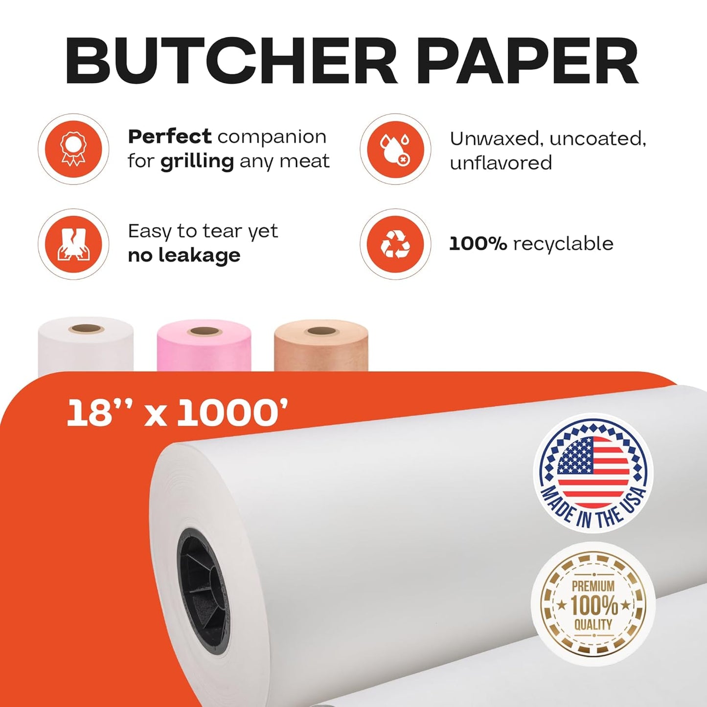 White Butcher Paper 18" x 12000" (1000 feet) - USA-Made Natural Butcher Paper Roll for Meat and Fish - Uncoated, Unwaxed & Food-Grade Material for Smoker, Grilling & BBQ by IDL Packaging