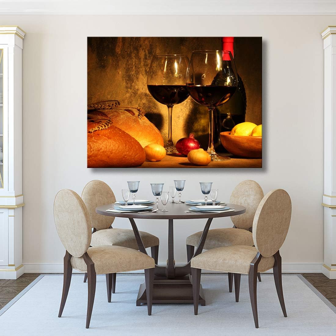 Looife Kitchen Still Life Canvas Wall Art, 40x30 Inch Gallery Wrapped Wine Cup with Bread Picture Prints Wall Decor, Food Art Deco for Dining Room and Bar