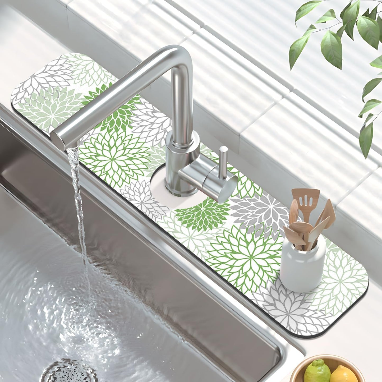 Findosom 2PCS 17" x 32" Dish Drying Mat & 24" x 5.5" Sink Splash Guard, Super Absorbent & Cuttable Dish Mat Drying Kitchen Mat with Green Floral, Hide Stain Drying Mat for Kitchen Counter