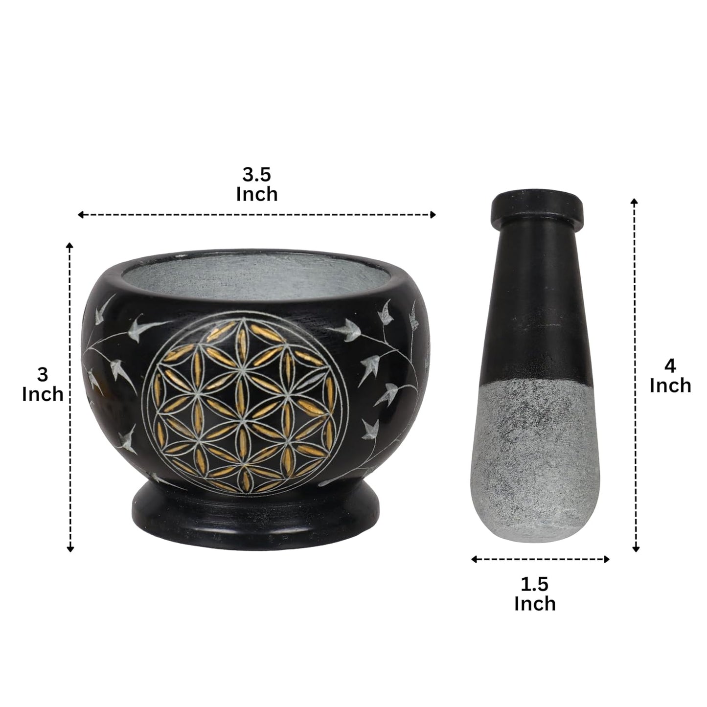 Mortar and Pestle, Made of Heavy Duty Polished Hard Stone, Natural Stone Grinder for Spices, Pastes, Herbs, Seasoning etc. (Flower of Life)