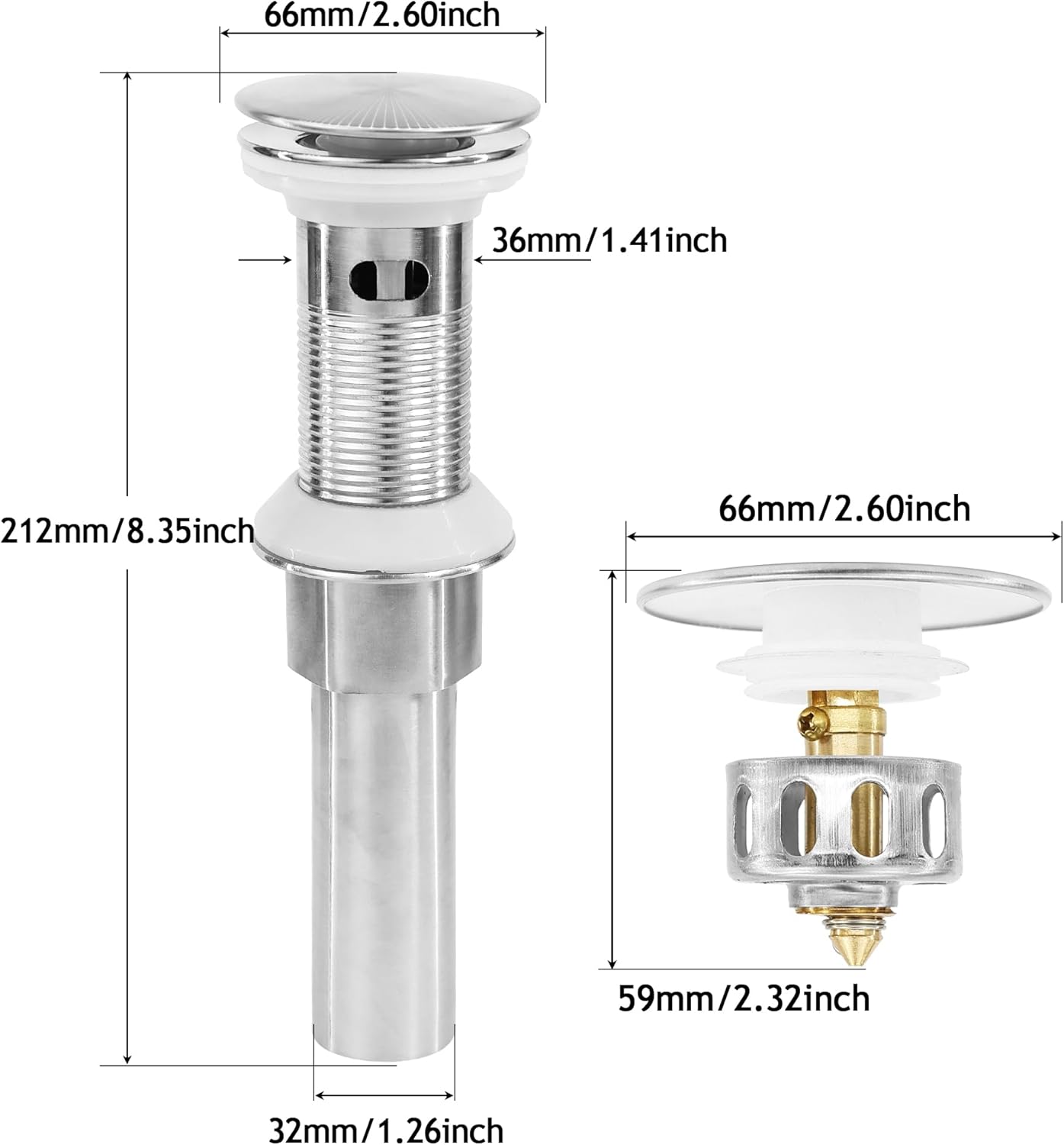 Bathroom Sink Drain,Drain Stopper Bathroom Sink with Overflow,Pop Up Drain Assembly with Detachable Strainer Basket,Built-in Anti-Clogging, Stainless Steel Nut Brushed Nickel