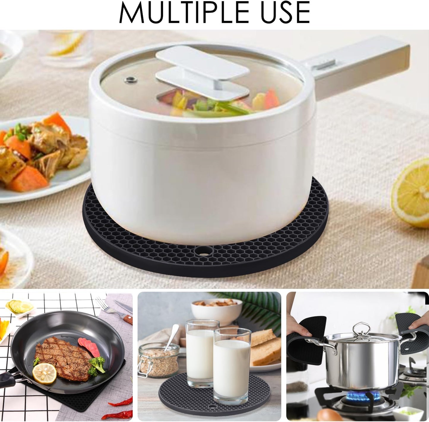 Silicone Trivet Mats, 4 Pack Silicone Pot Holders for Hot Pan and Pot Pads, Heat Resistant Counter Mats for Tables, Countertops, Spoon Rest and Large Coasters, Black & Gray (2 Squared + 2 Round Mats)