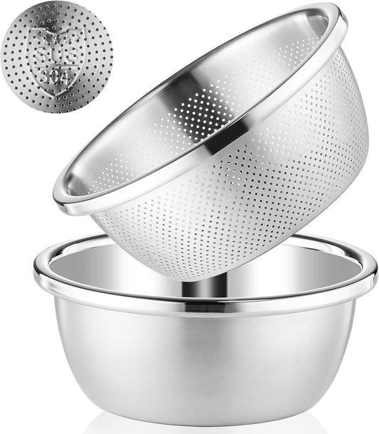304 Stainless Steel Colander 5QT Microporous Colander & Large Bowl for Kitchen,Rice Strainer with Salad Mixing Bowl for Pasta Straining,Fruit Washing,Vegetable Draining,Food Mixing(2PCs)