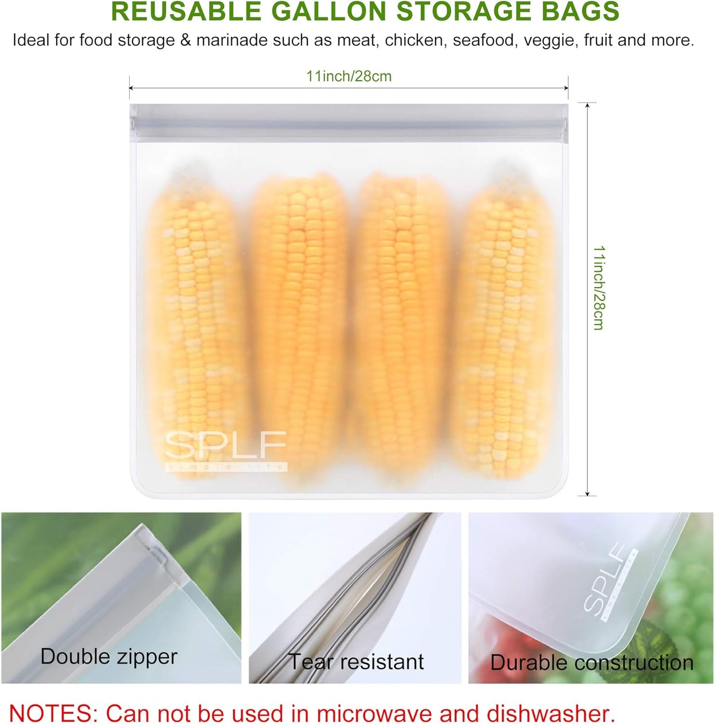 SPLF 9 Pack Reusable Gallon Freezer Bags, BPA Free 1 gallon Leakproof Silicone and Plastic Free Food Storage Bags for Meal Prep, Fruits, Sandwich, Snack, Travel Items